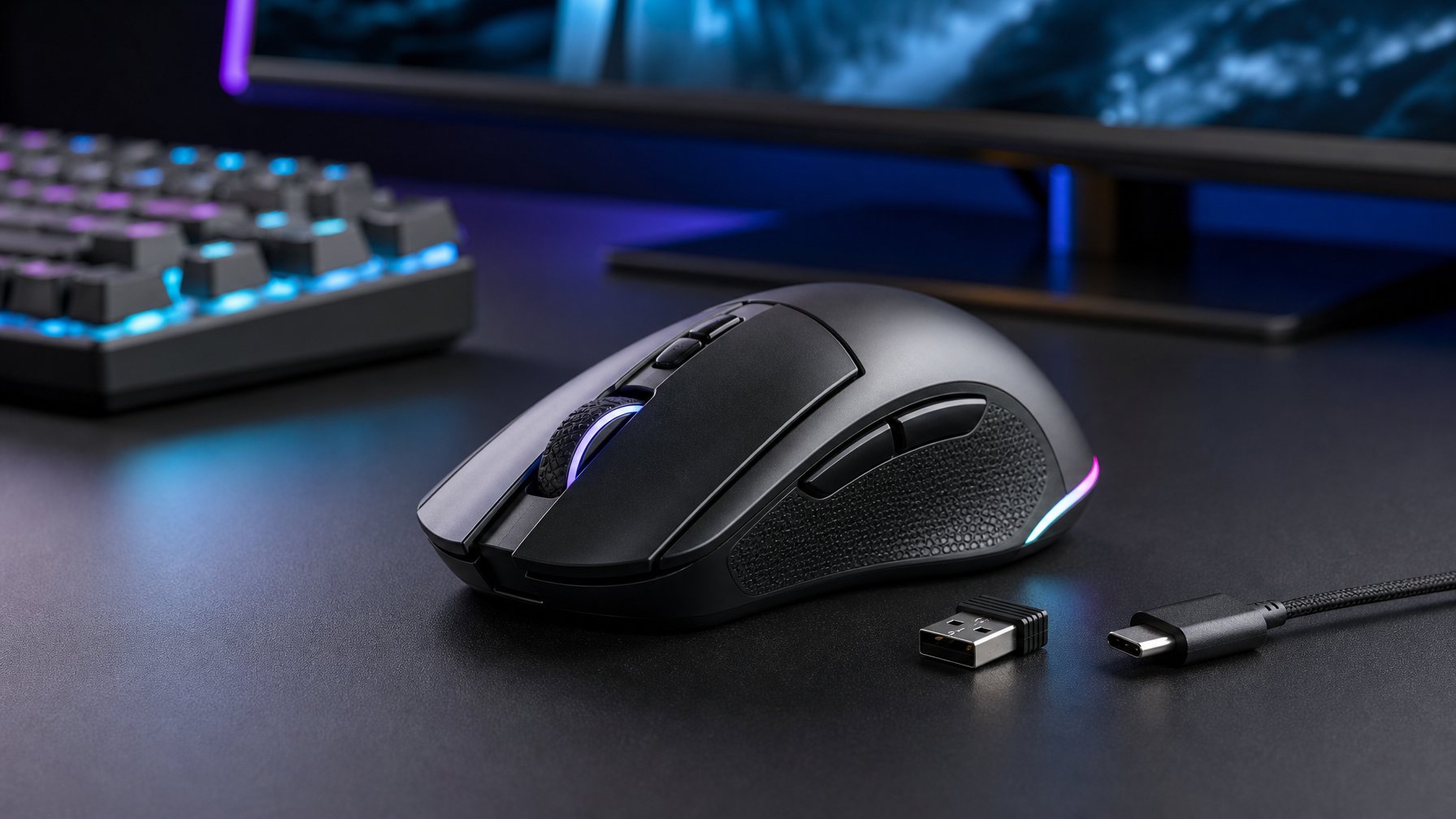 Mouse gaming nirkabel hitam berada di atas meja gaming dengan keyboard dan monitor buram di latar belakang.