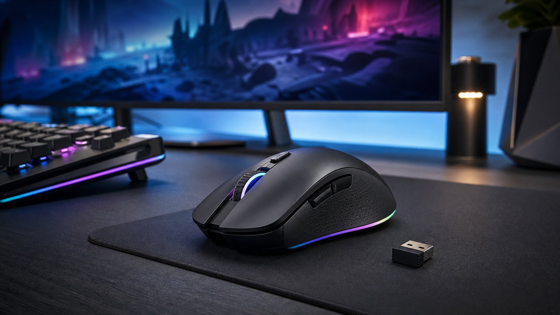 Mouse gaming wireless hitam berada di atas meja gaming dengan monitor buram di latar belakang.