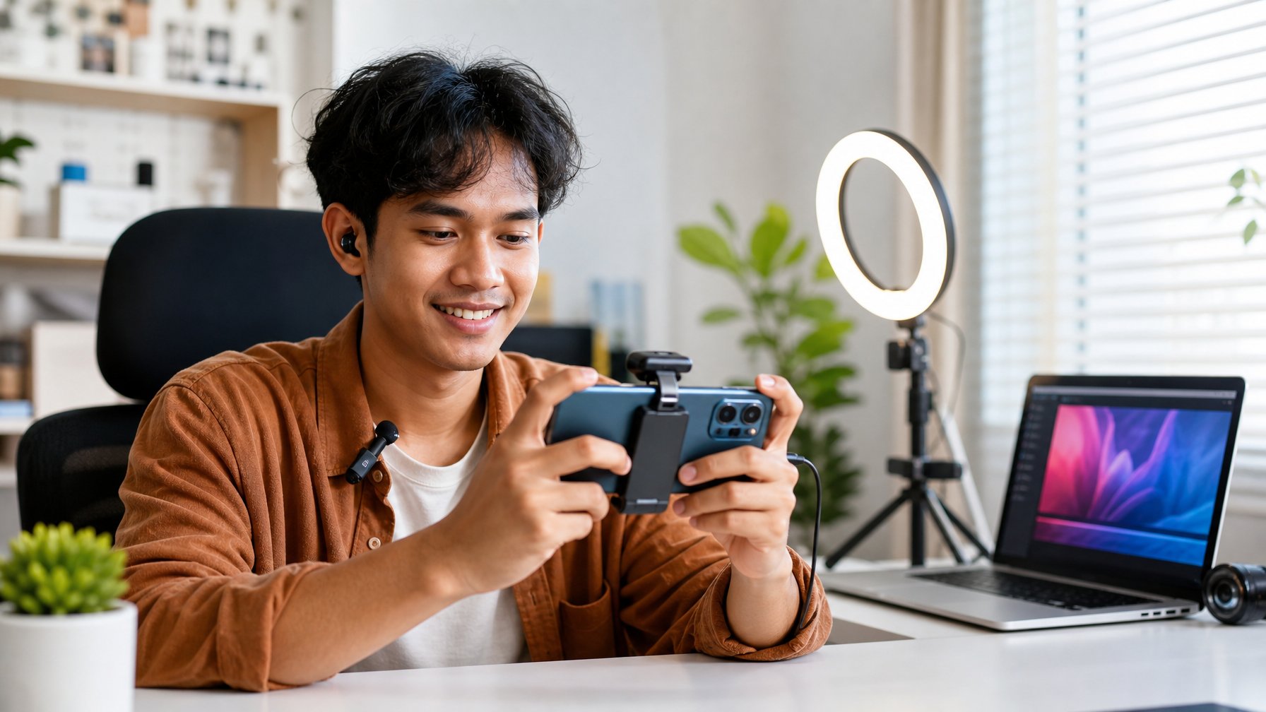 Seorang kreator konten memainkan gim di ponsel Android dengan perlengkapan siaran sederhana di meja.
