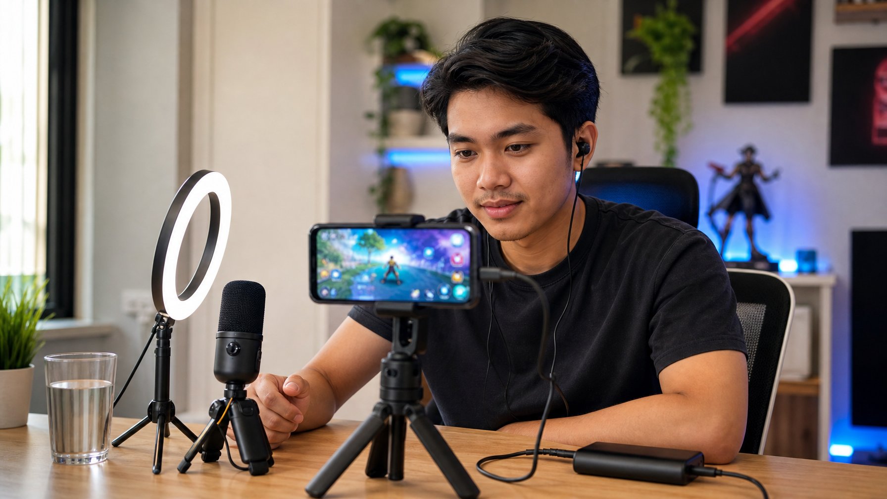 Seorang gamer menyiapkan ponsel, mikrofon, lampu, dan aksesori lain di meja sebelum melakukan siaran langsung.