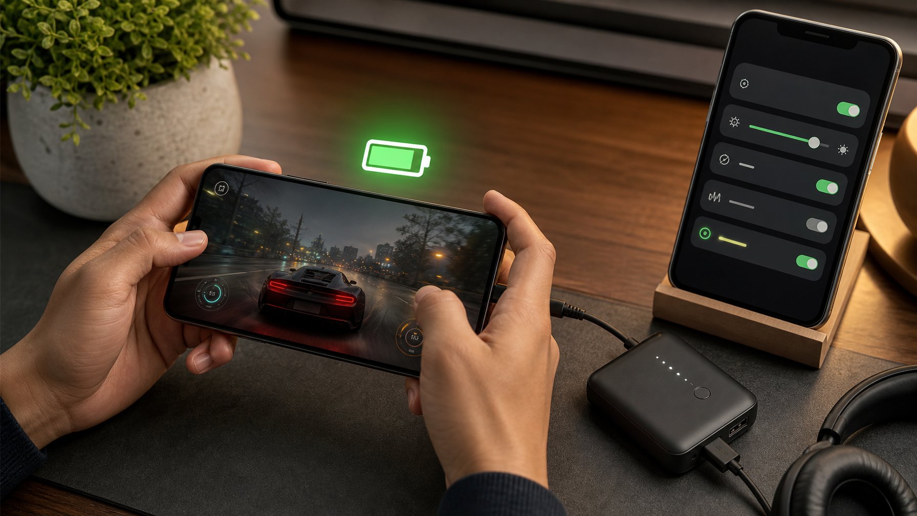 Seseorang memainkan game berat di ponsel di samping power bank dan tampilan pengaturan hemat baterai.