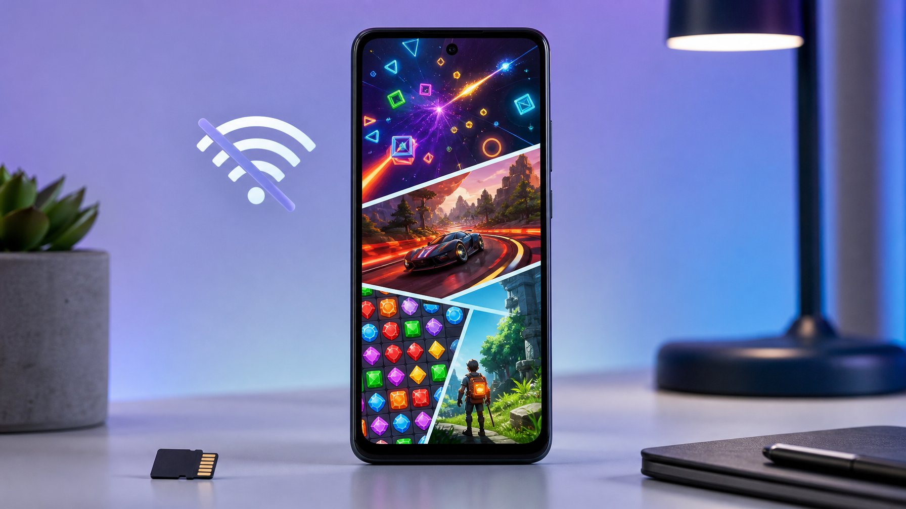 Ponsel Android menampilkan permainan seluler berwarna-warni di atas meja dengan kartu memori di sampingnya.