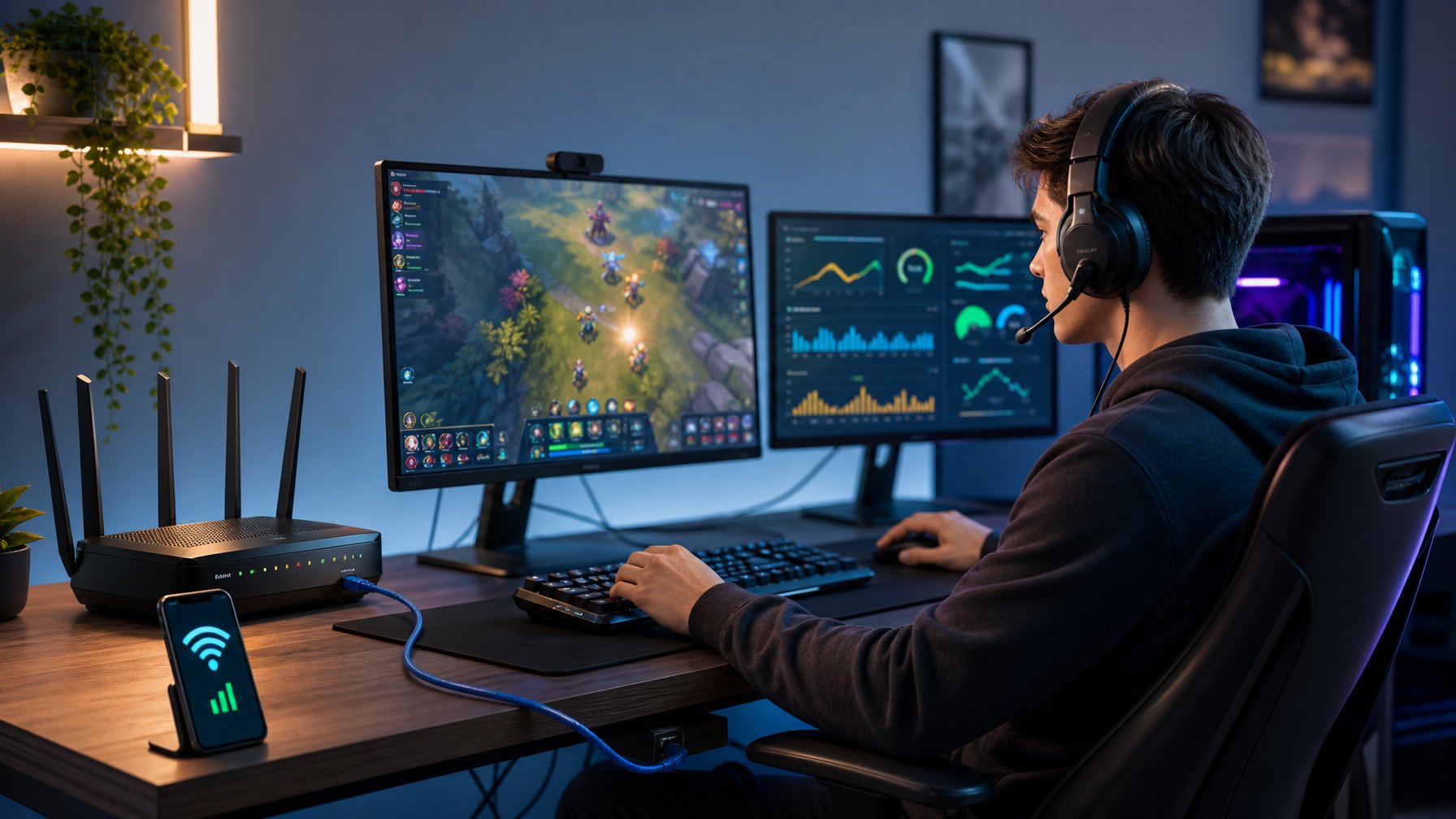 Seorang gamer memeriksa koneksi jaringan di meja komputer dengan router, kabel Ethernet, dan dua monitor.