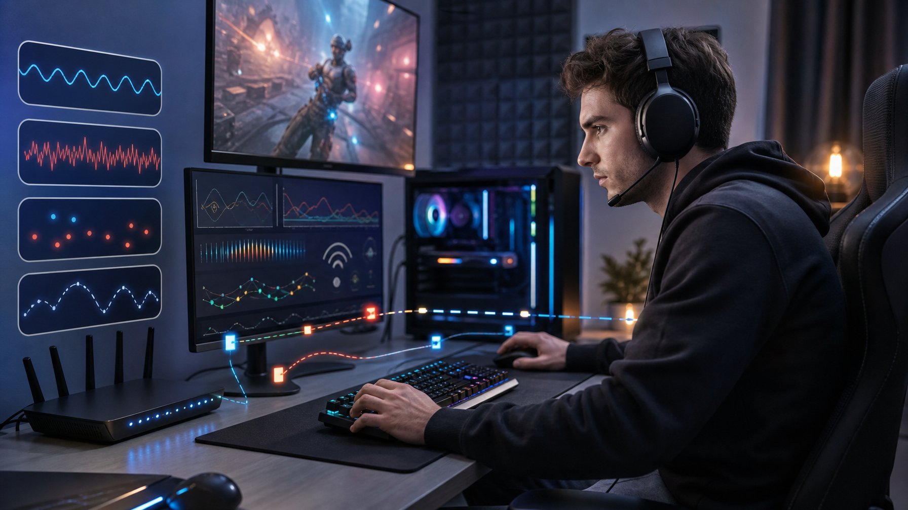 Gamer kompetitif memeriksa koneksi internet di meja gaming dengan komputer, dua monitor, dan router.