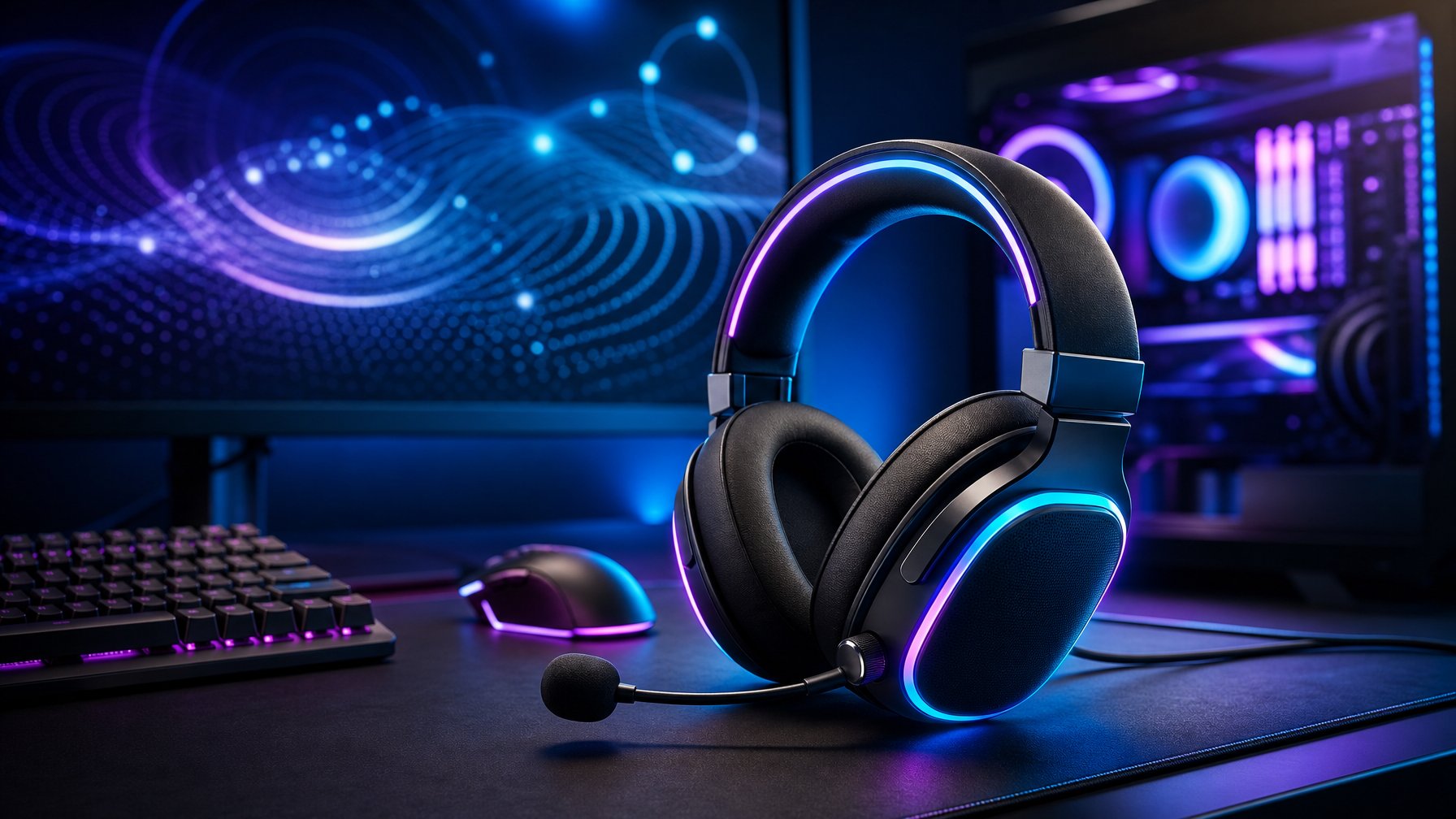 Headset gaming bercahaya RGB berada di atas meja di samping monitor dan perlengkapan komputer.