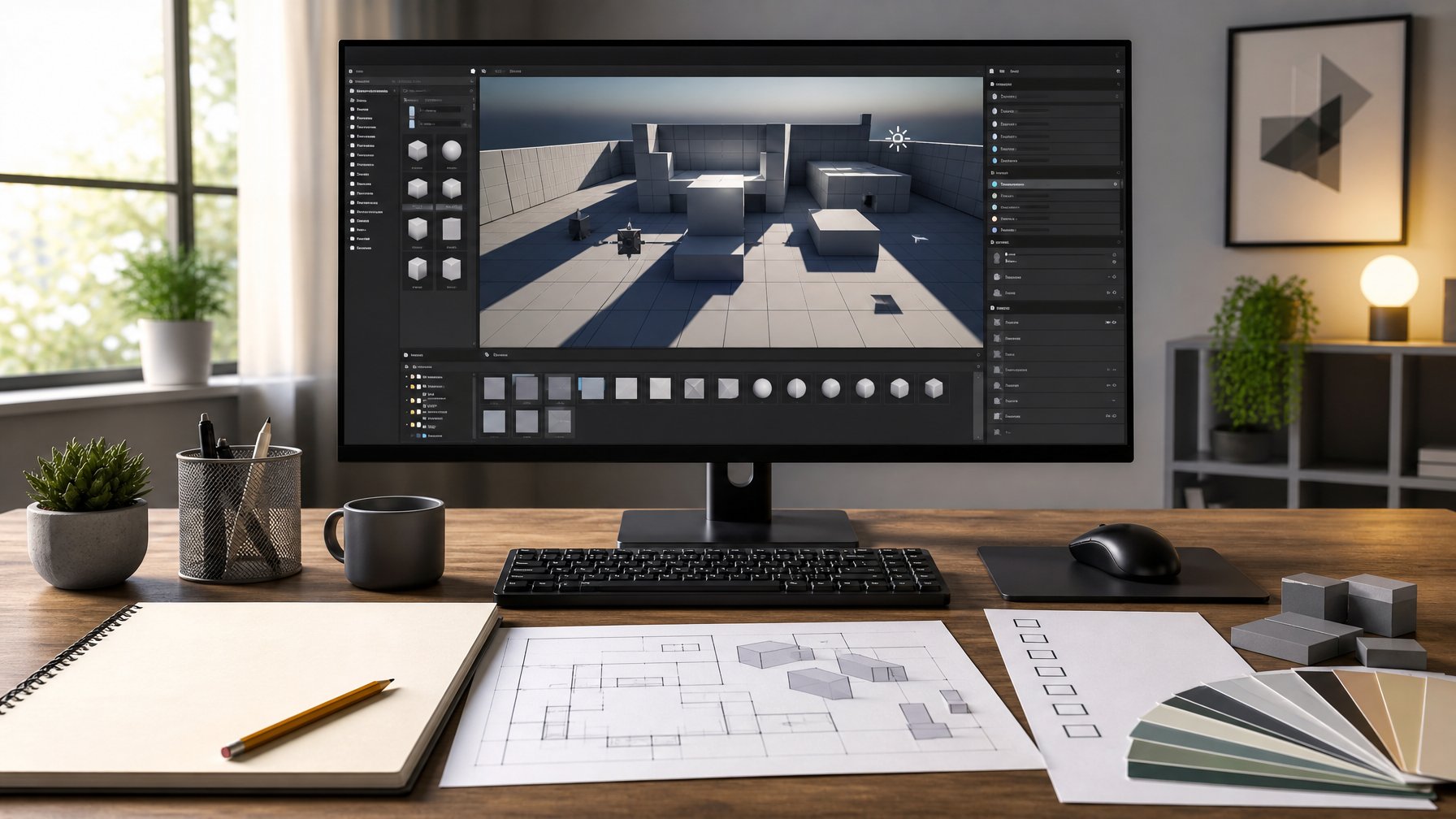 Meja kerja dengan monitor yang menampilkan editor level 3D dan perlengkapan perencanaan game.