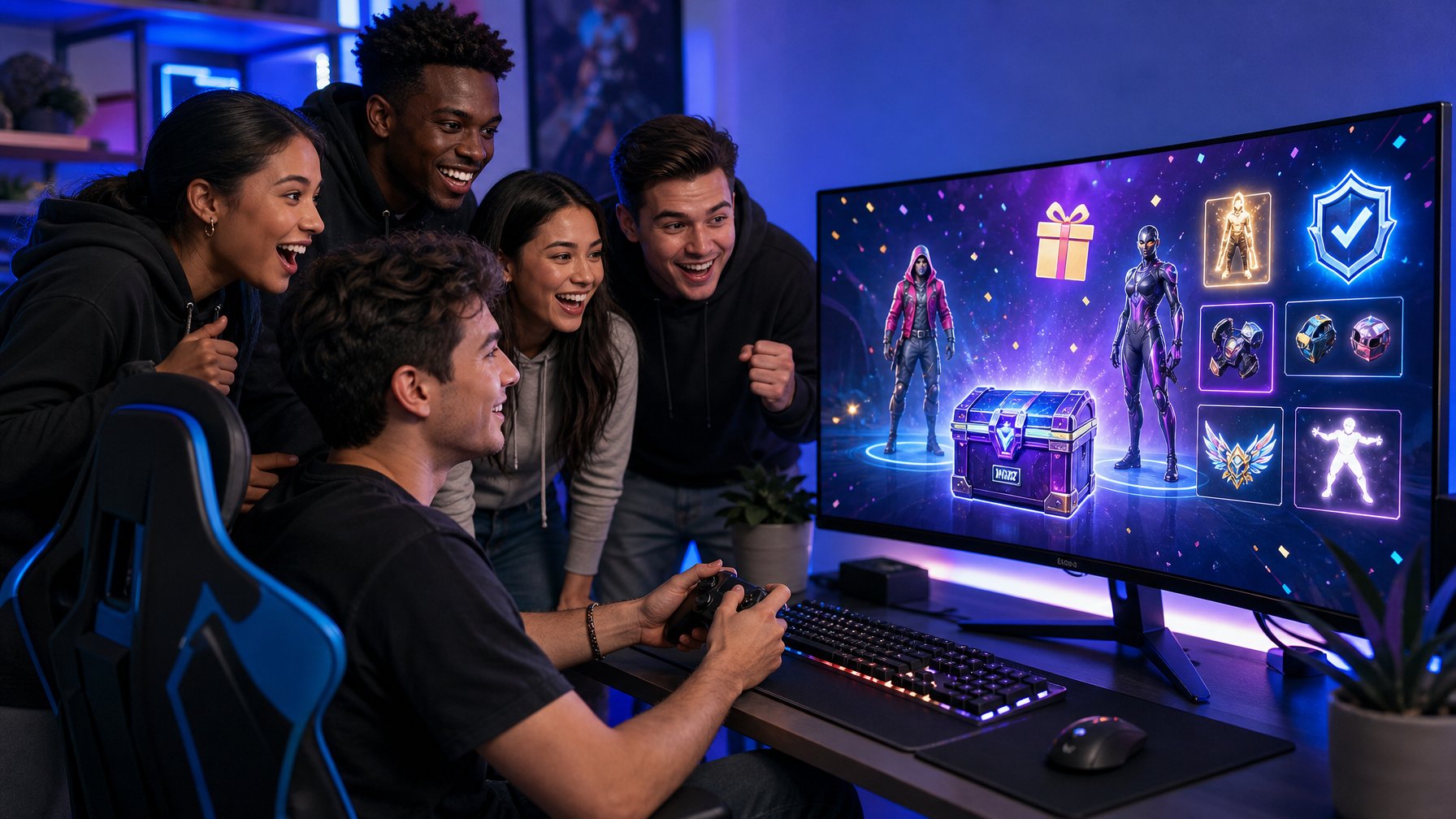 Sekelompok pemain menikmati event resmi game battle royale dengan hadiah kosmetik gratis di layar permainan.