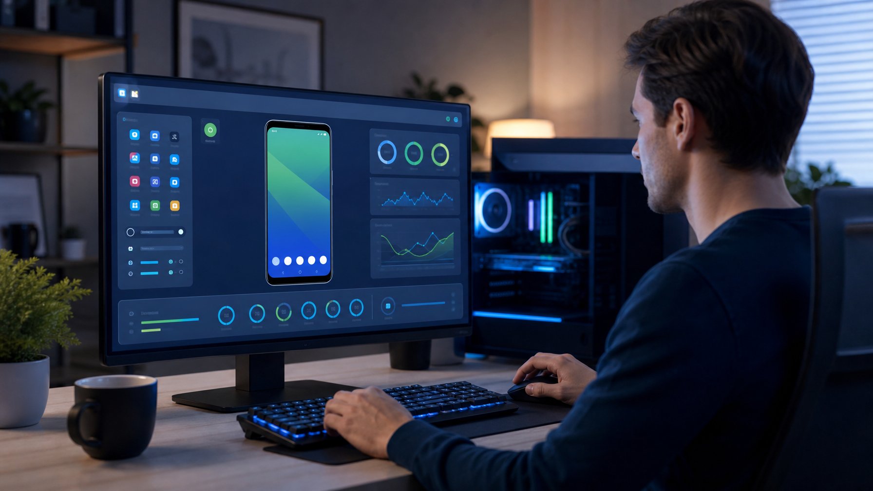 Seseorang mengatur emulator Android pada komputer desktop di ruang kerja modern.