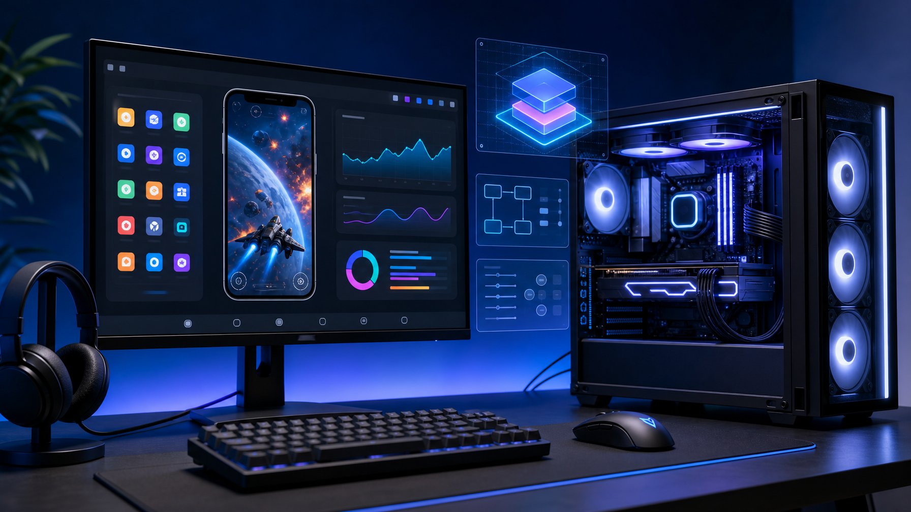 Komputer berkinerja tinggi menampilkan emulator Android yang berjalan lancar di ruang kerja modern.