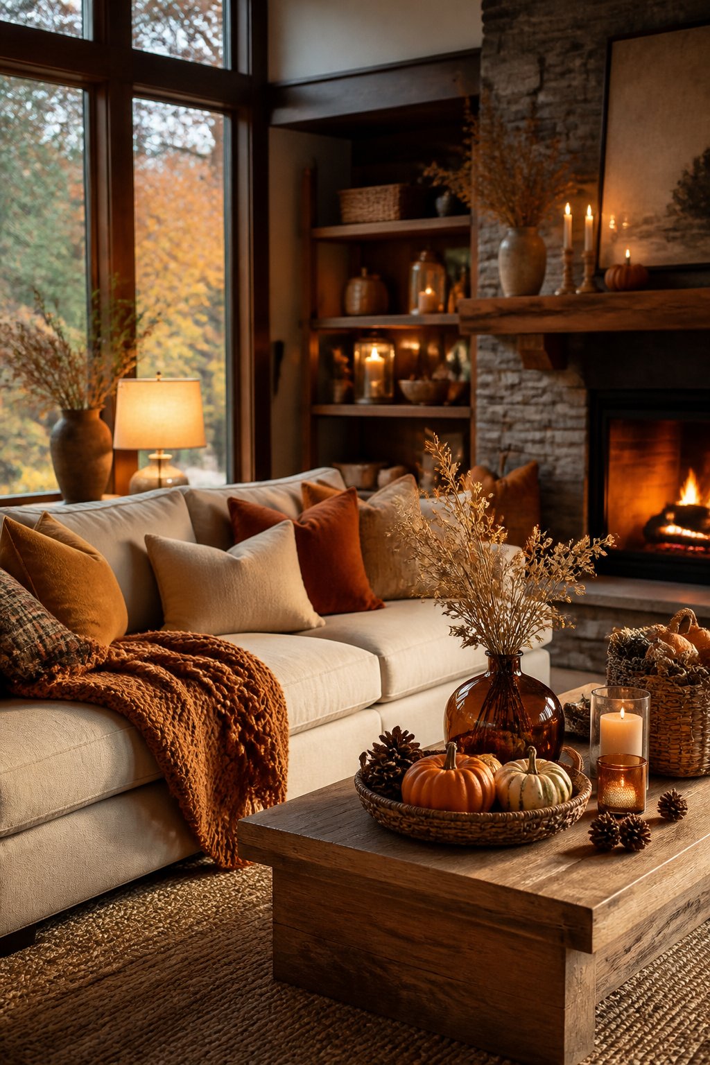 A cozy living room decorated with autumn colors, pumpkins, blankets, and warm lighting.