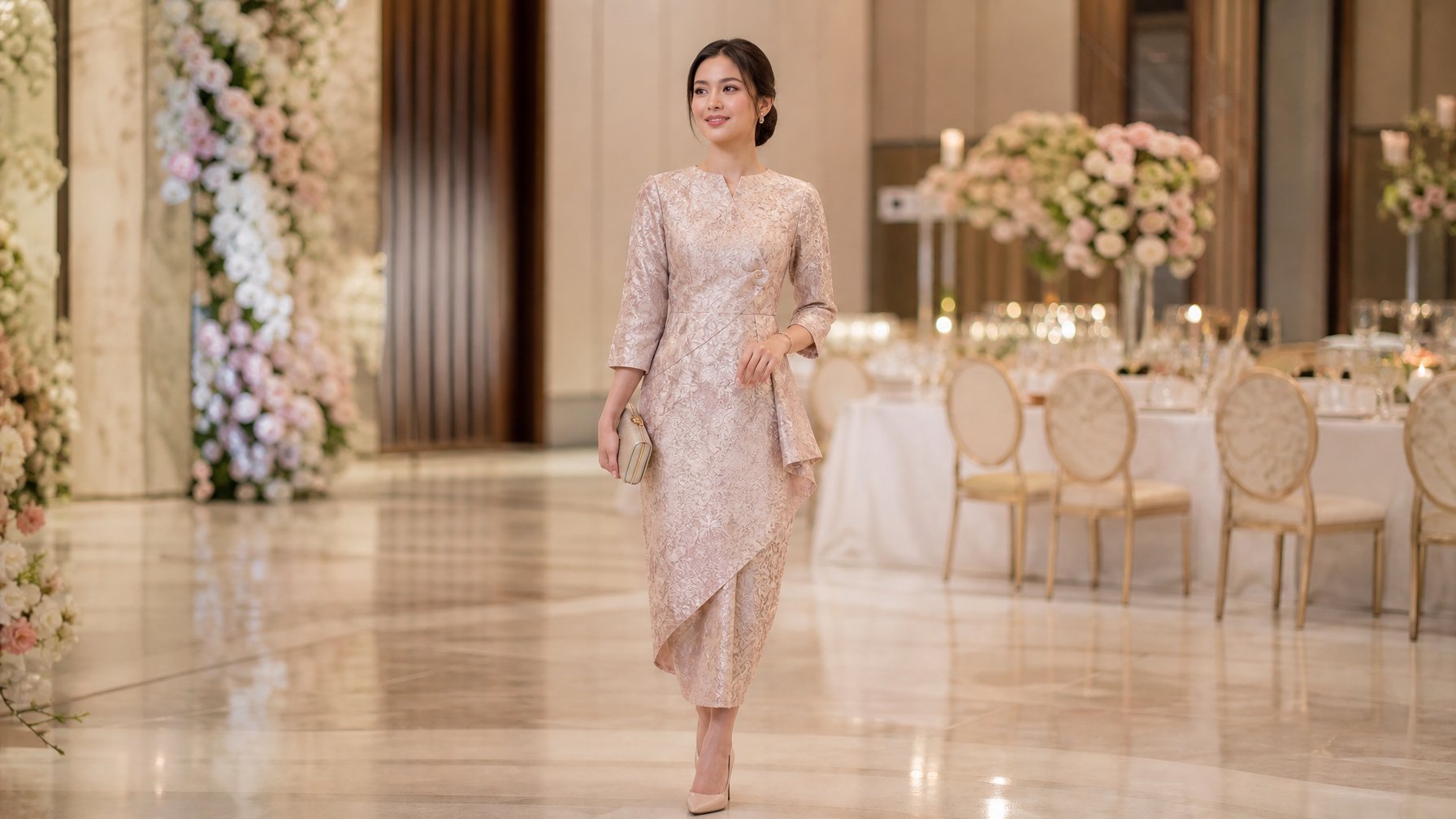 Seorang wanita mengenakan gaun brokat elegan di area resepsi pernikahan.