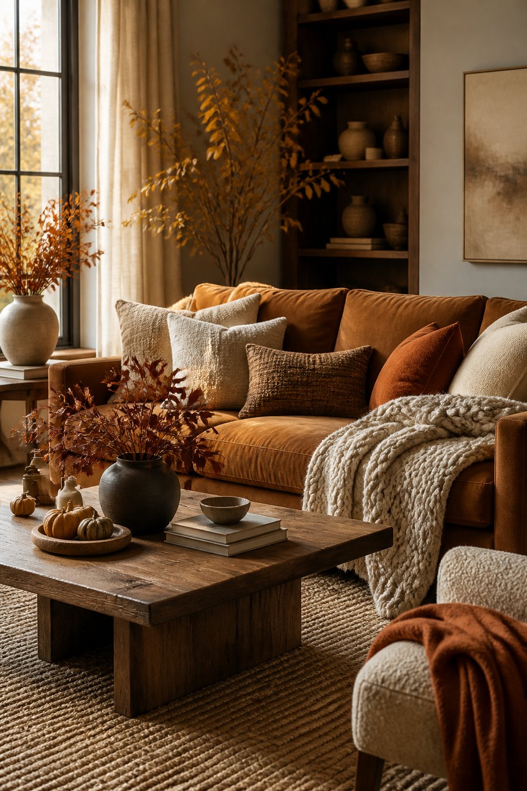 A cozy fall living room with warm earth tones, layered blankets and pillows, natural wood furniture, and seasonal decorations.