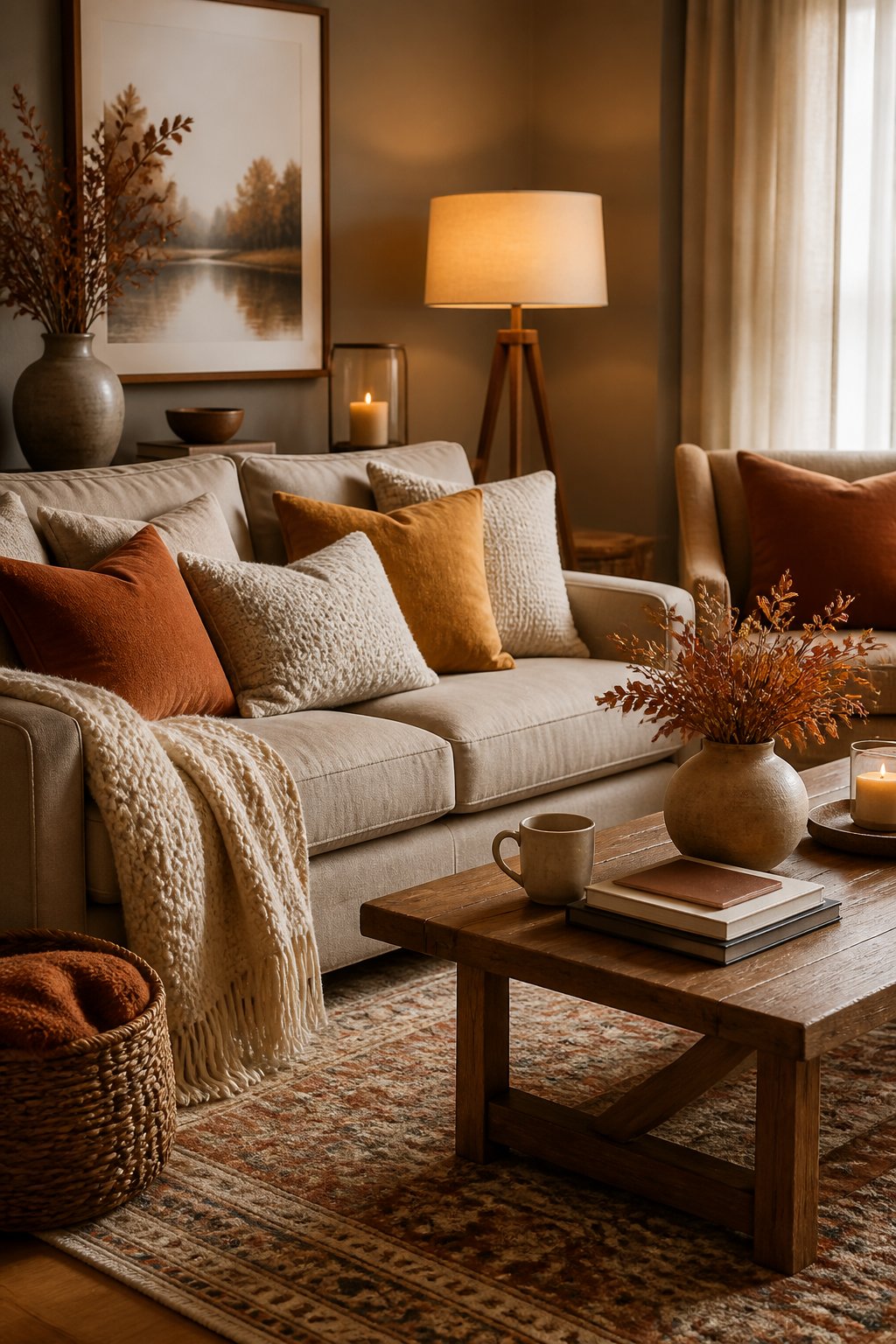 A warm living room with a sofa, armchair, soft cushions, blankets, and subtle autumn decor.