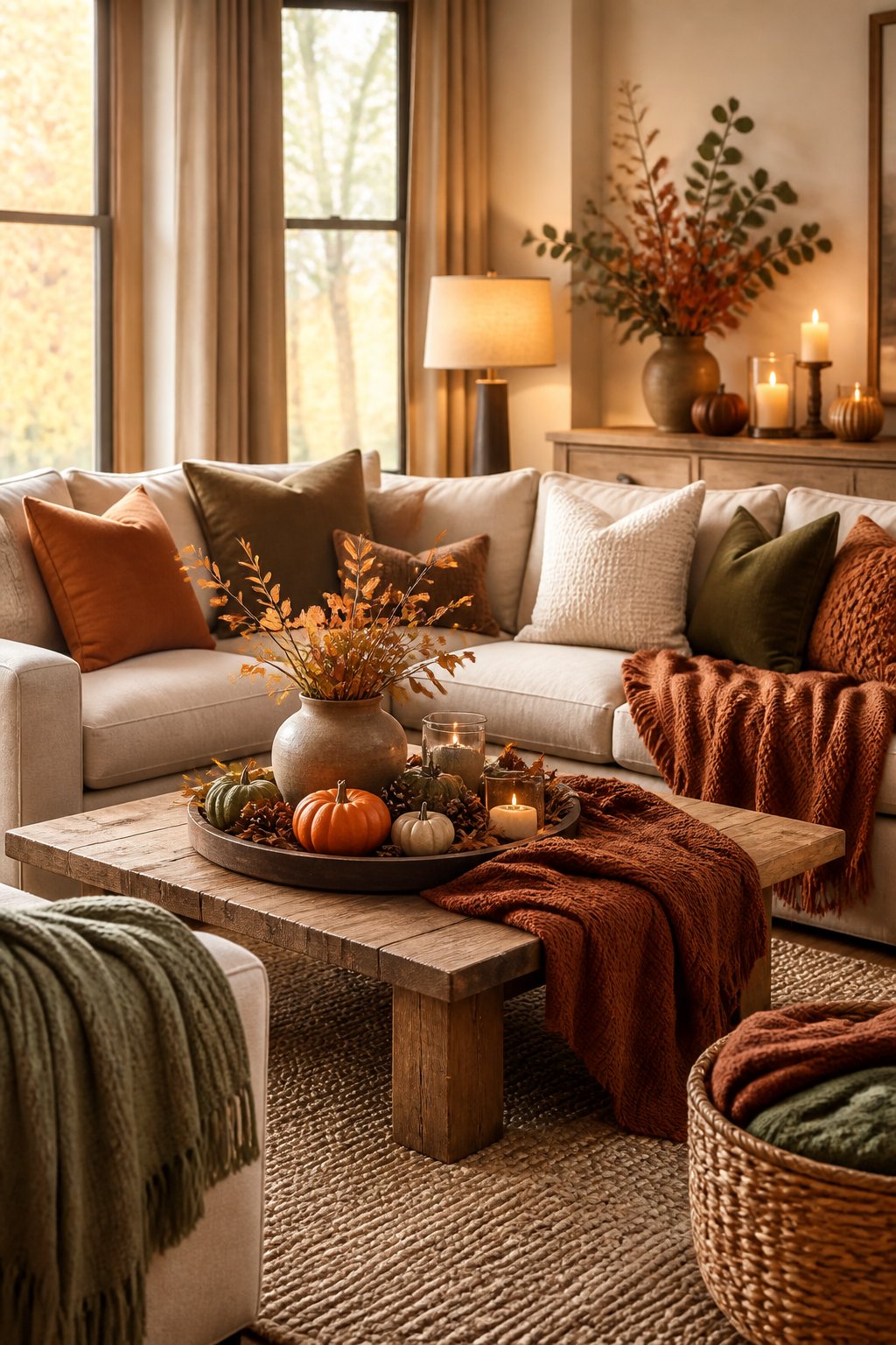 A cozy living room decorated with autumn colors, pumpkins, blankets, and warm lighting.