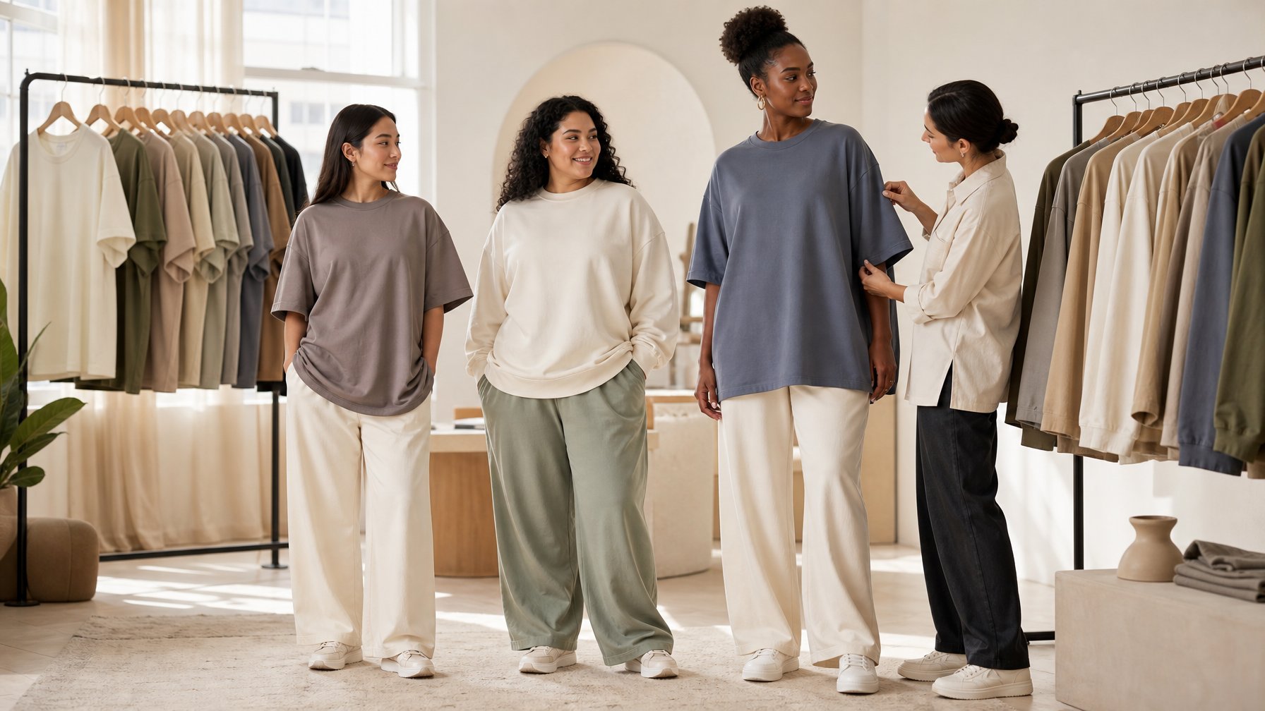Tiga orang dengan bentuk tubuh berbeda mencoba pakaian oversized di butik pakaian.