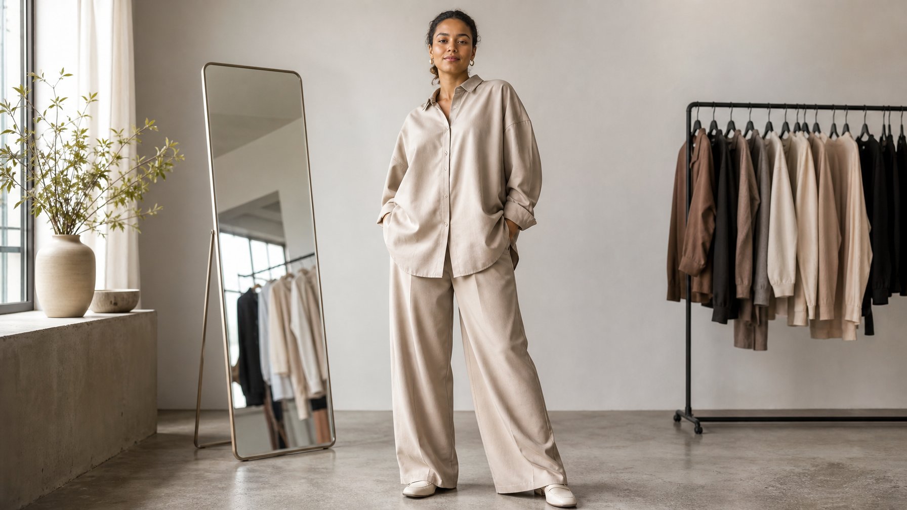Seseorang mencoba pakaian oversized yang proporsional di studio dengan cermin dan rak pakaian.