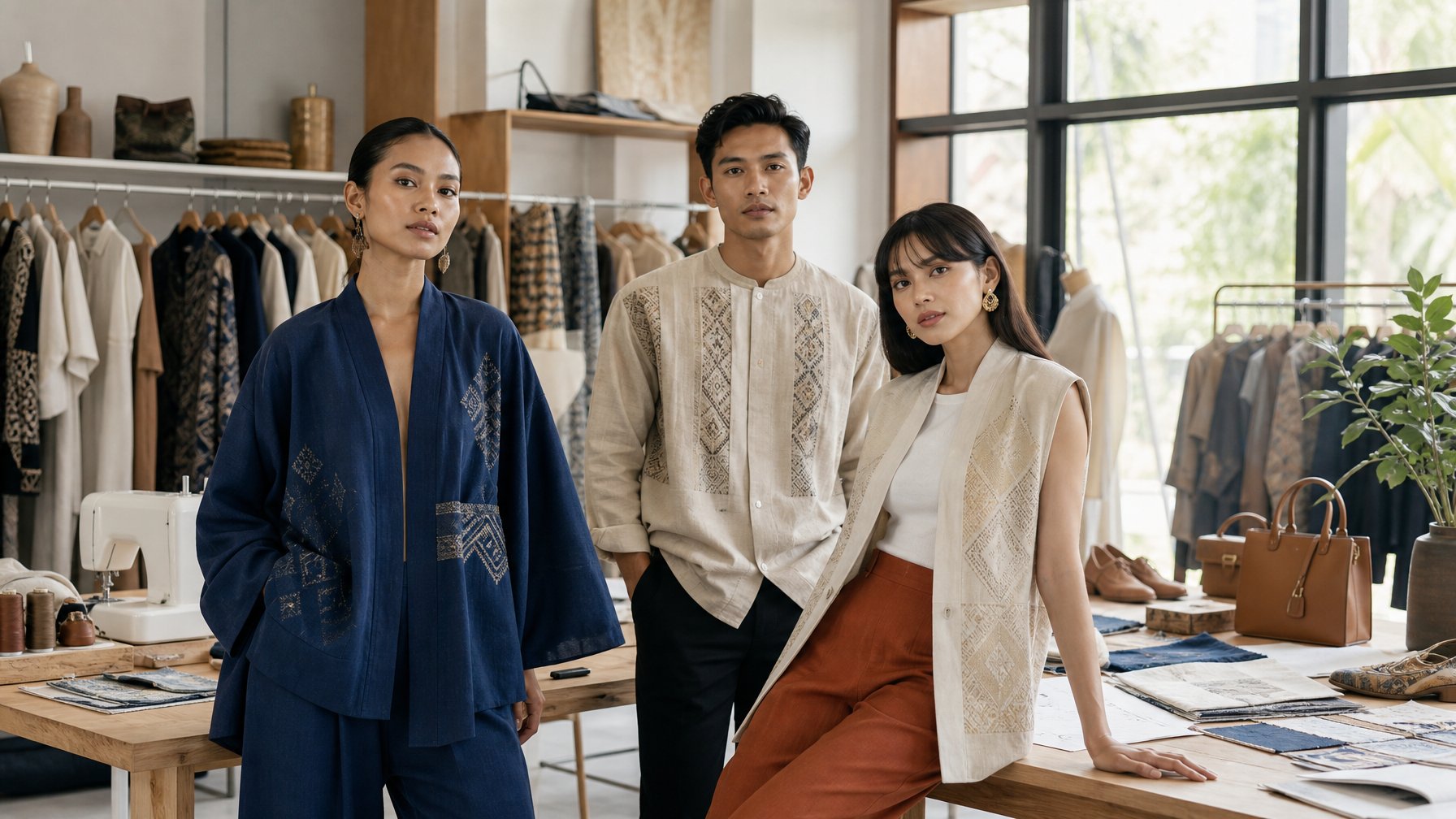 Tiga model Indonesia mengenakan busana modern berkualitas tinggi di studio fashion dengan rak pakaian dan bahan tekstil.