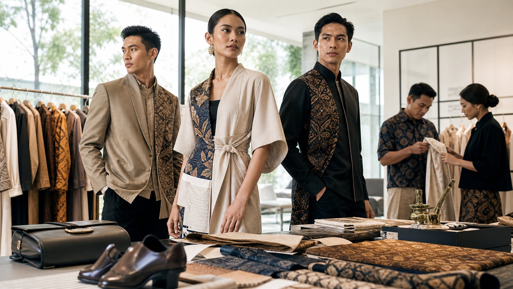 Model Indonesia mengenakan busana lokal berkualitas tinggi dalam mode studio modern.