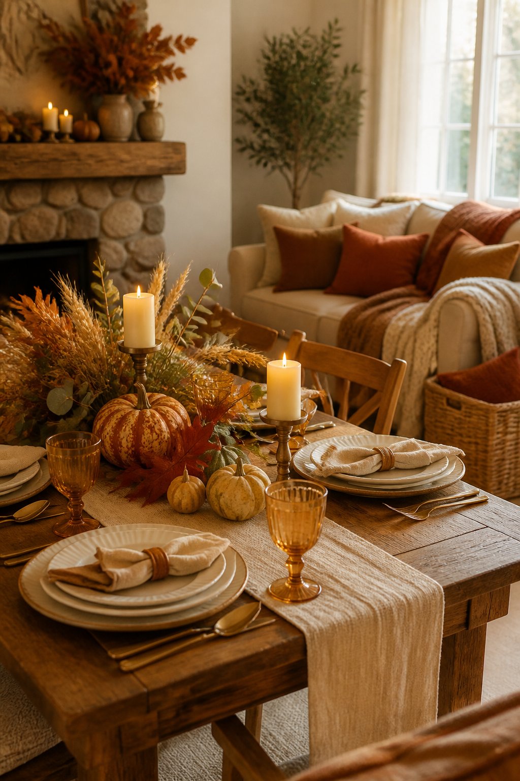 A warmly decorated home dining area with autumn leaves, pumpkins, candles, and a festive table setting.