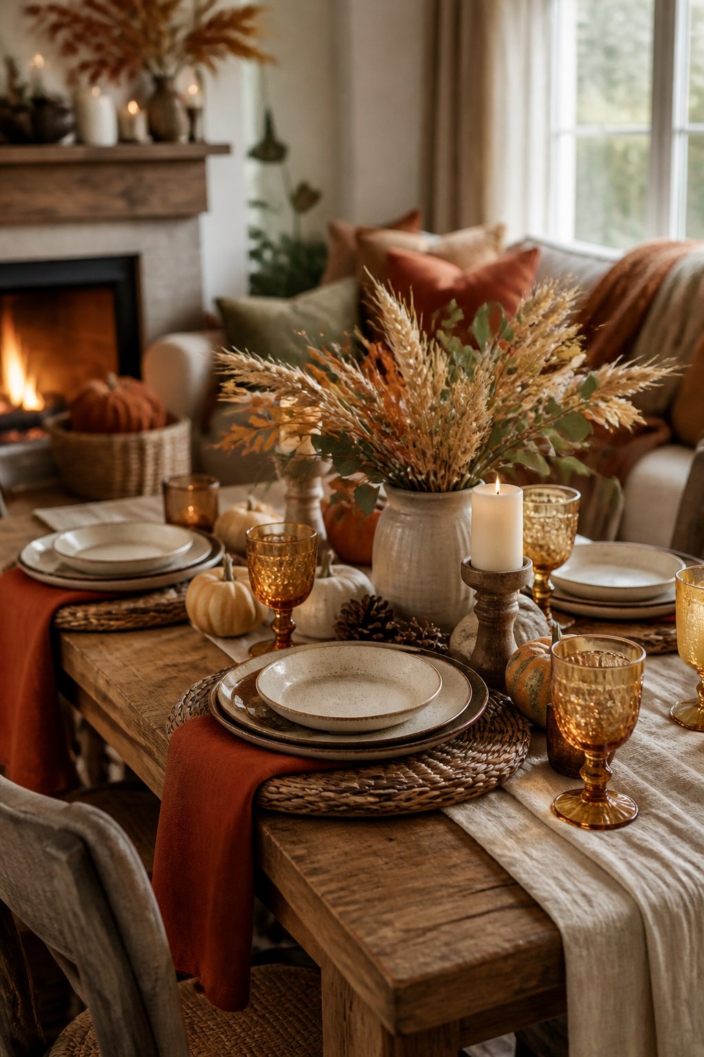 A cozy dining area decorated in warm autumn colors with pumpkins, dried wheat, candles, and natural wood accents.