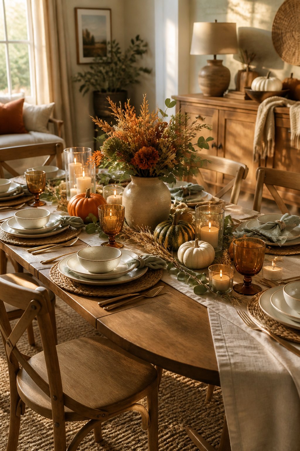 A warmly decorated Thanksgiving dining table with fall foliage, pumpkins, candles, and place settings in a cozy home.