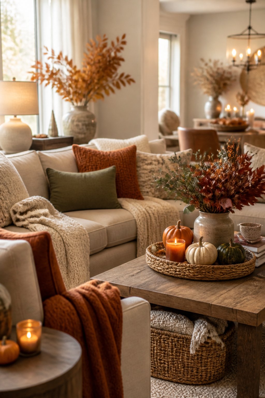 A warmly decorated living room with comfortable seating, autumn accents, pumpkins, blankets, and soft lighting.
