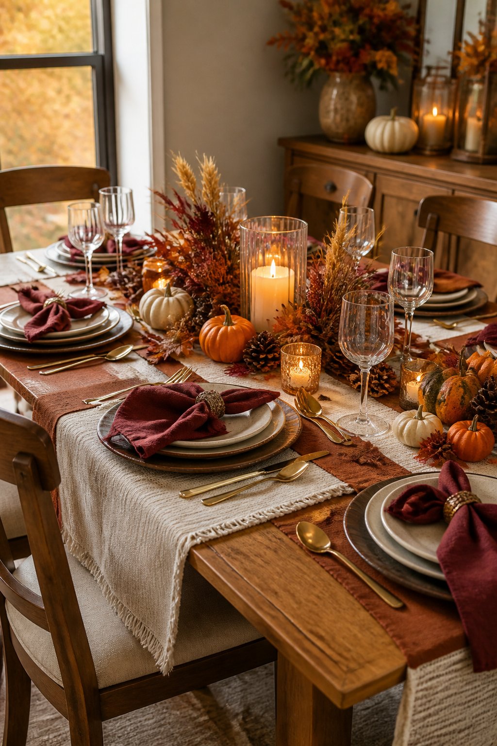 An elegantly decorated Thanksgiving table with autumn leaves, pumpkins, candles, dishes, and glasses.