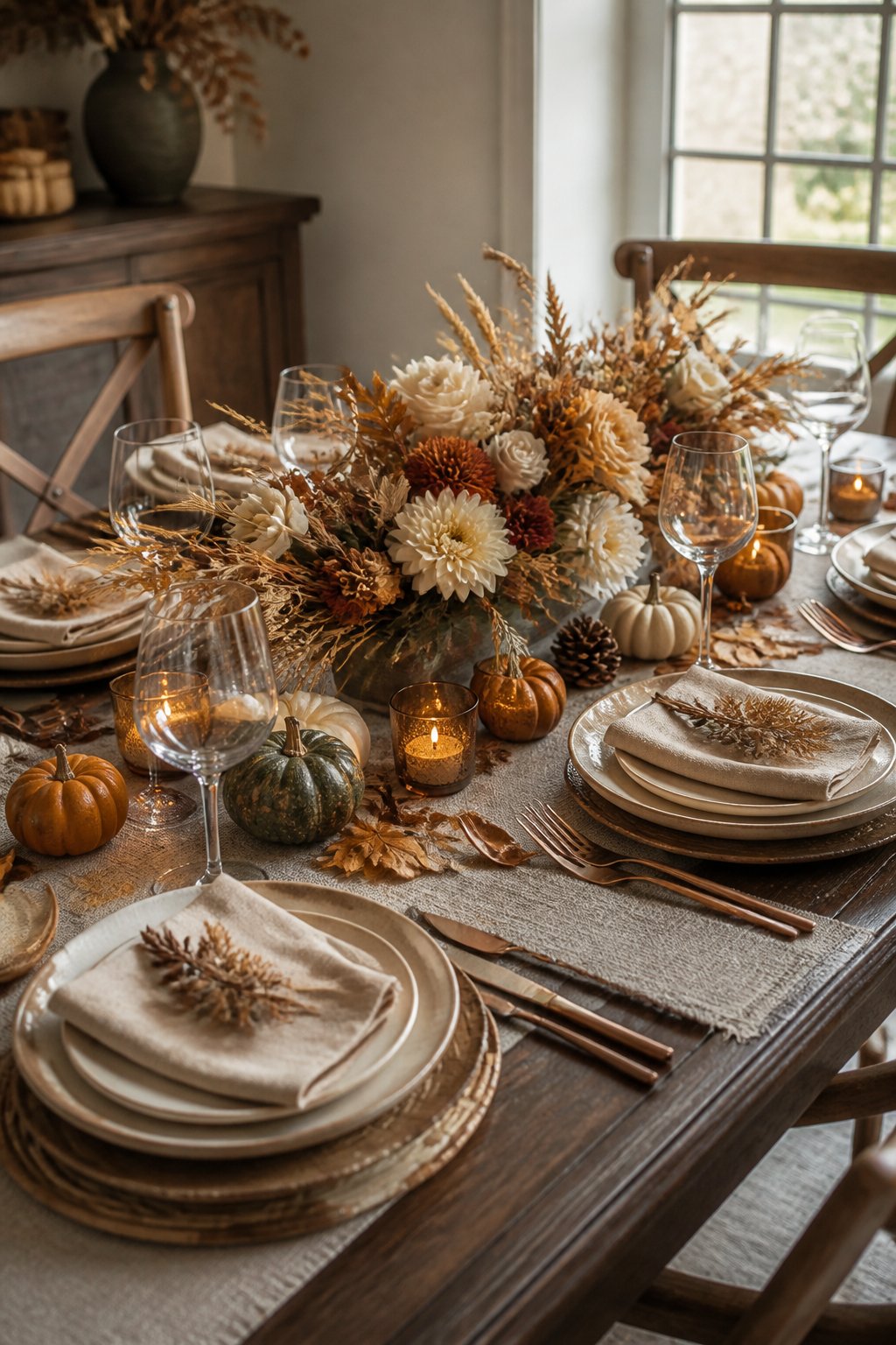An elegantly decorated Thanksgiving table with autumn foliage, pumpkins, place settings, glassware, and candles.