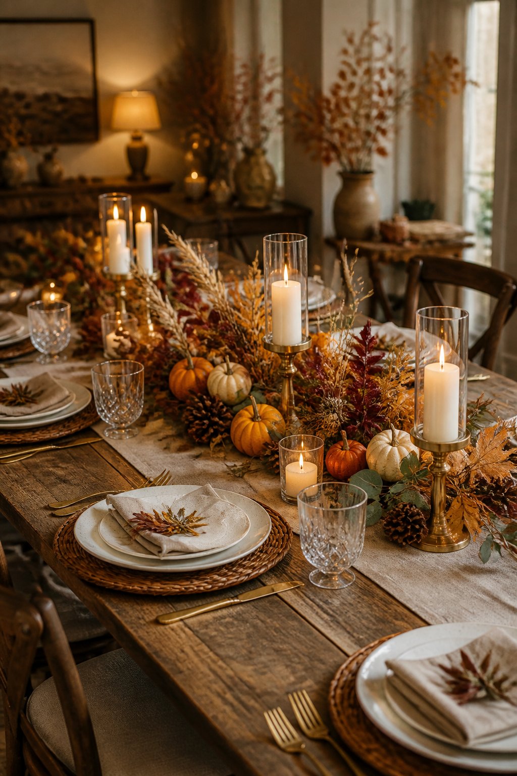 An elegant Thanksgiving table with an autumn centerpiece, candles, and place settings.