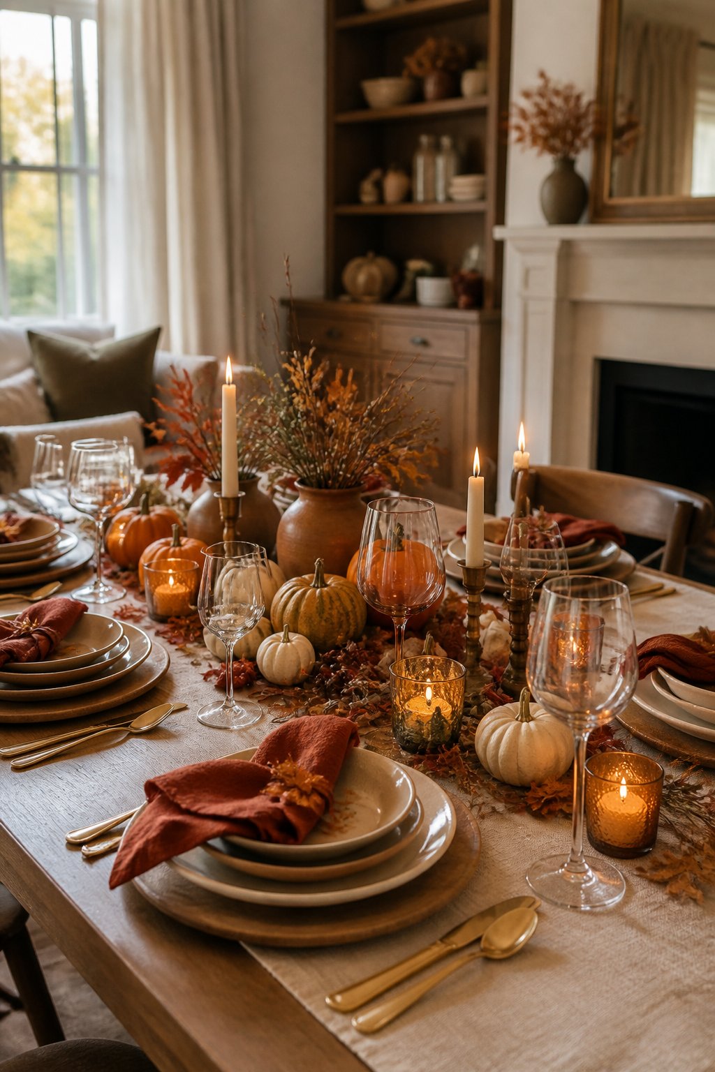A warmly decorated Thanksgiving dining table with autumn leaves, pumpkins, candles, plates, and linen napkins in a cozy home.