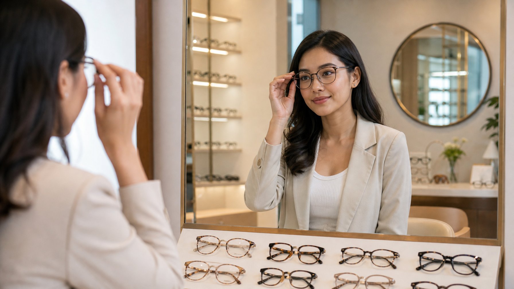 Seorang wanita mencoba kacamata di butik optik dengan berbagai kacamata yang tersusun di meja.