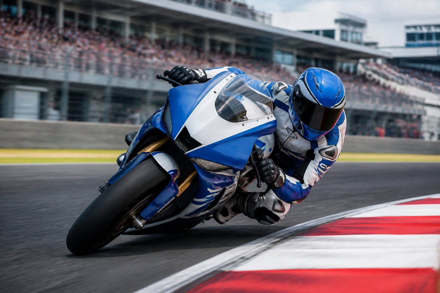 Pembalap muda mengendarai motor balap biru-putih dengan kecepatan tinggi di tikungan sirkuit MotoGP.