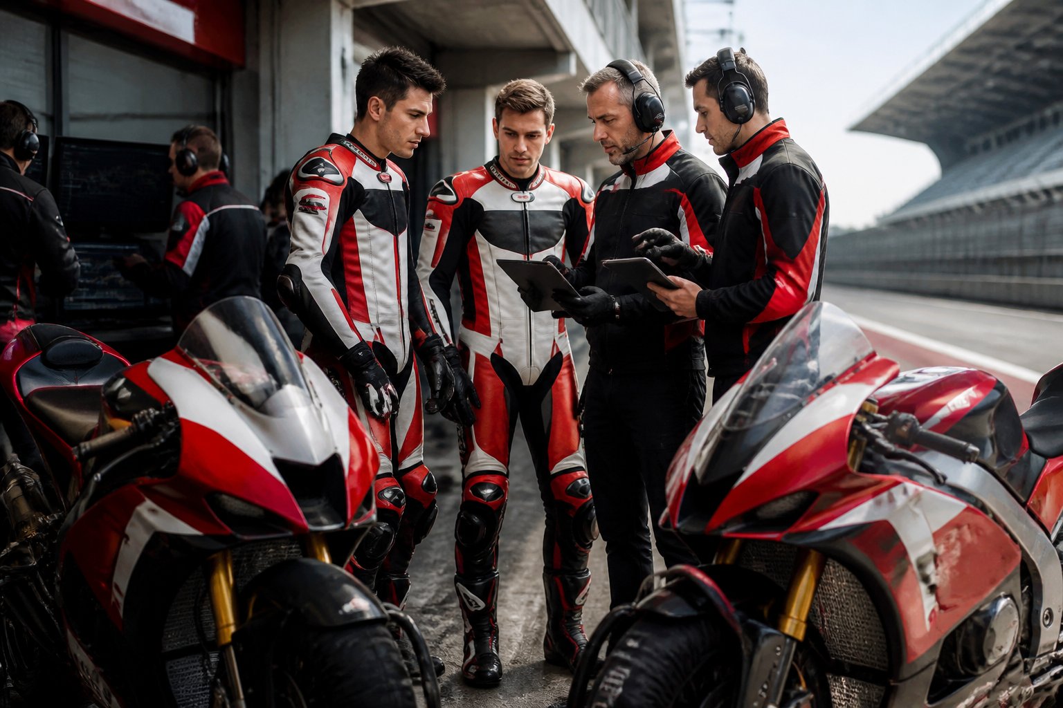 Joan Mir dan Luca Marini berdiri bersama kru Honda di pit lane di samping motor balap MotoGP.