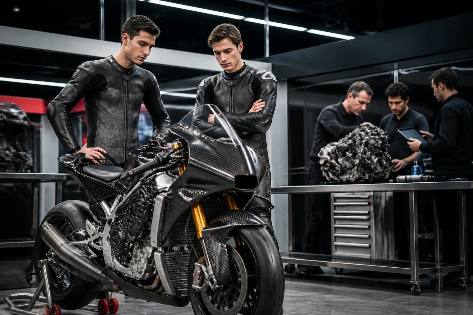 Joan Mir dan Luca Marini berdiri di samping prototipe motor MotoGP baru di bengkel balap bersama para insinyur.