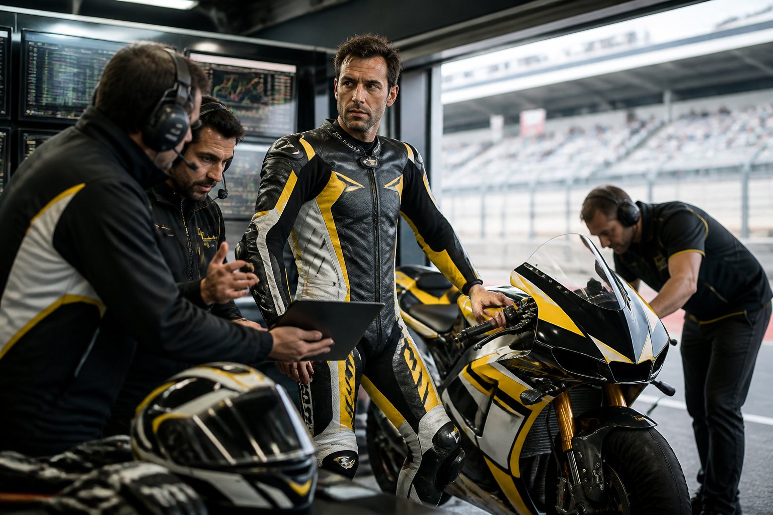 Pembalap bergaya Johann Zarco berdiri bersama motor balap bergaya LCR Honda di garasi sirkuit, ditemani tim teknisi.