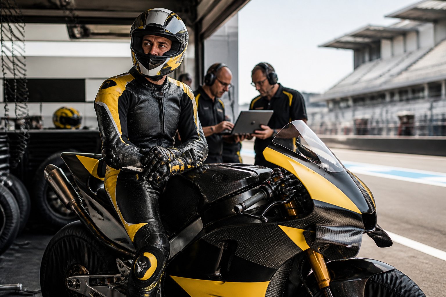 Johann Zarco berdiri di samping motor balap Honda di area pit bersama timnya.