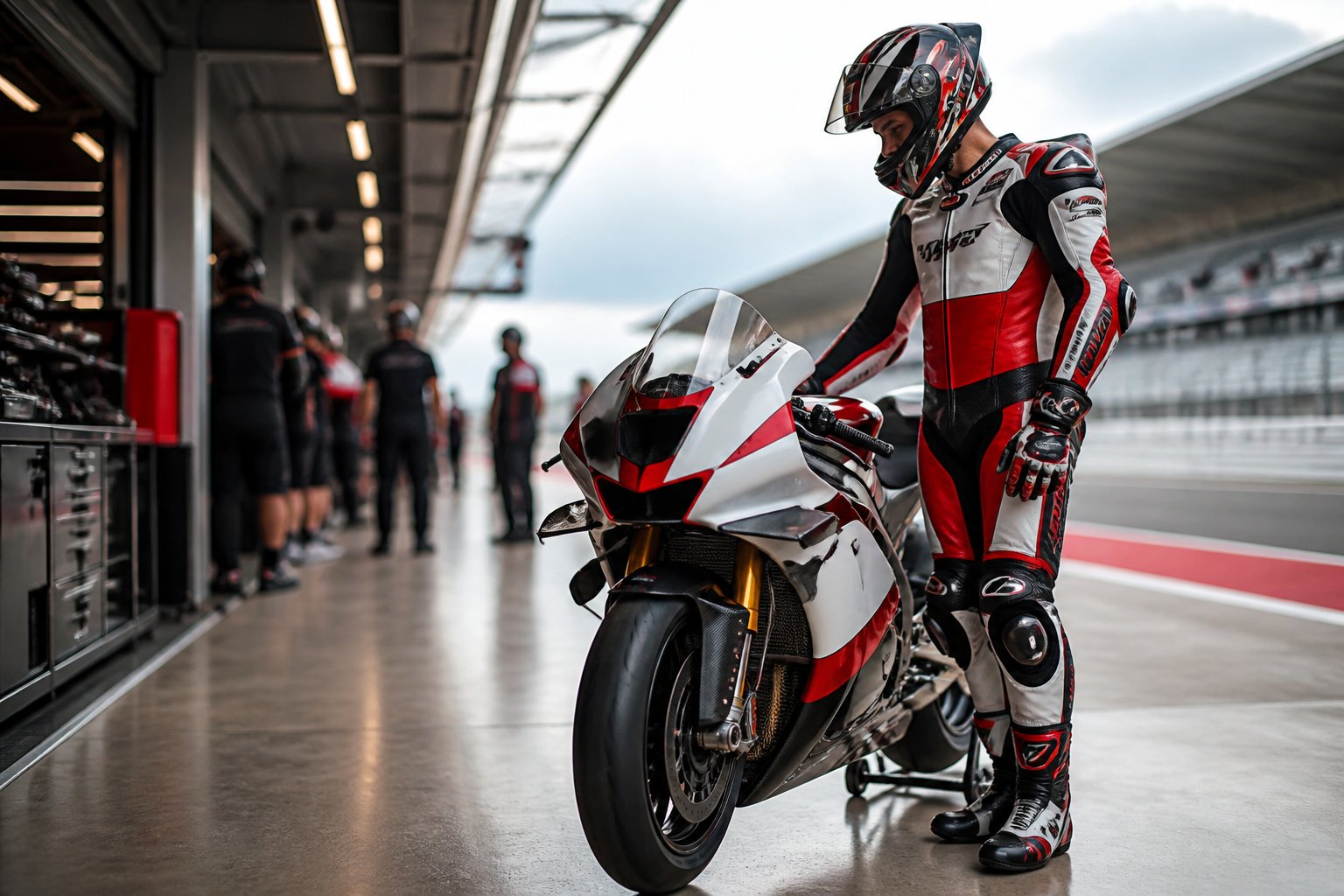 Pembalap MotoGP berdiri di samping motor balap dalam garasi tim sebelum memasuki lintasan.