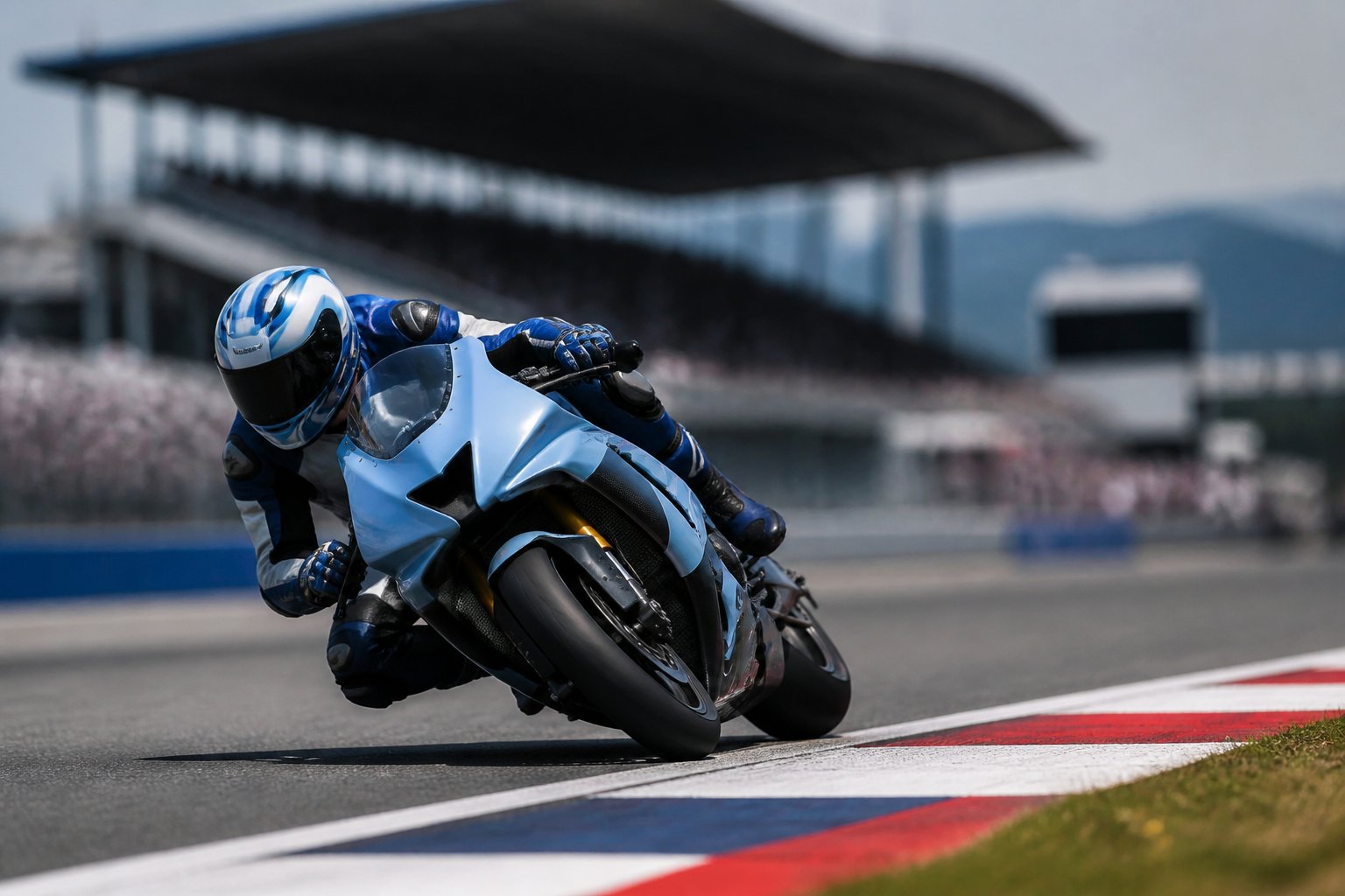 Pembalap MotoGP mengendarai motor balap biru-hitam saat menikung di sirkuit.