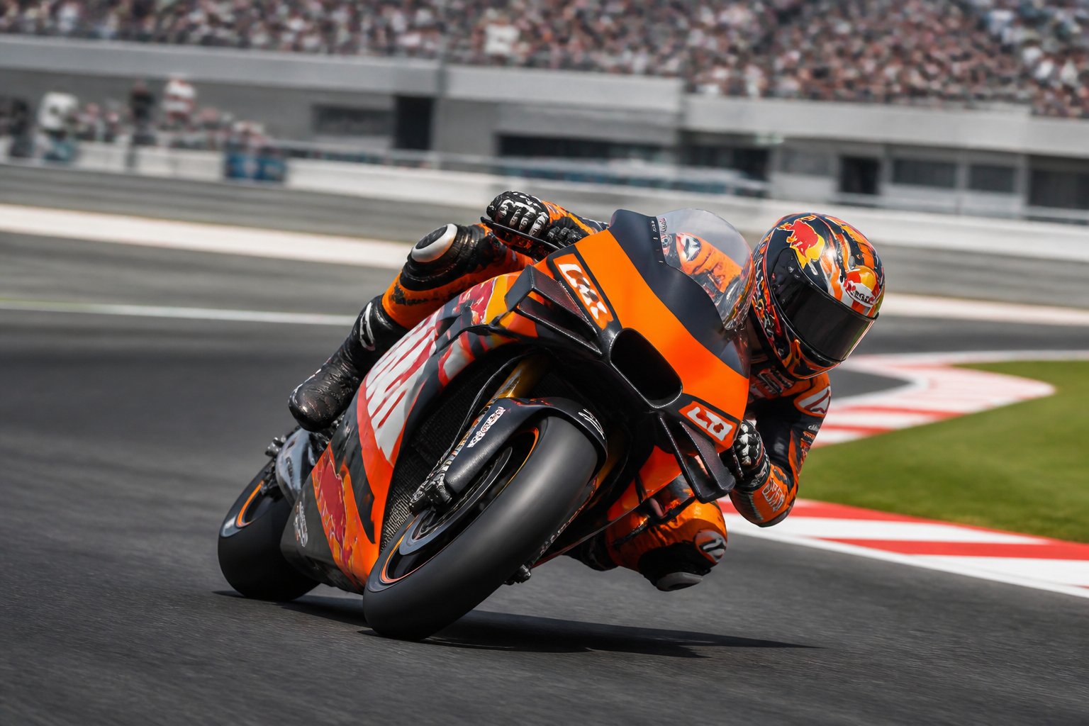Brad Binder mengendarai motor balap KTM dengan cepat di tikungan sirkuit MotoGP.
