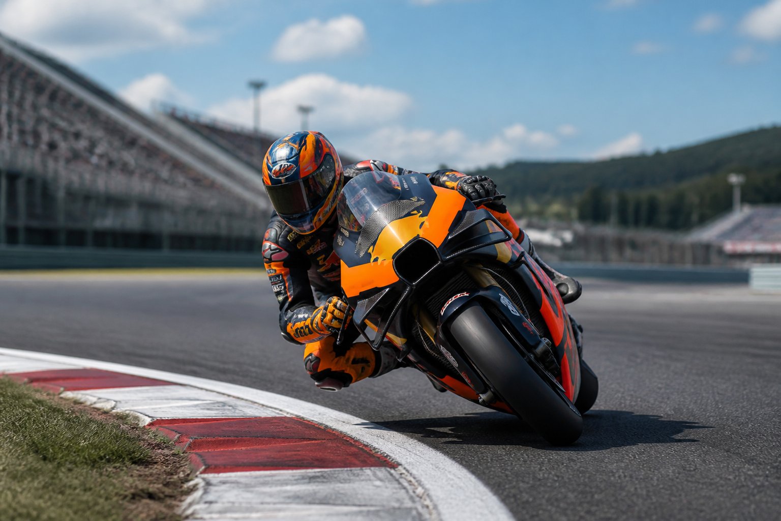 Brad Binder mengendarai motor Red Bull KTM di tikungan tikungan MotoGP.