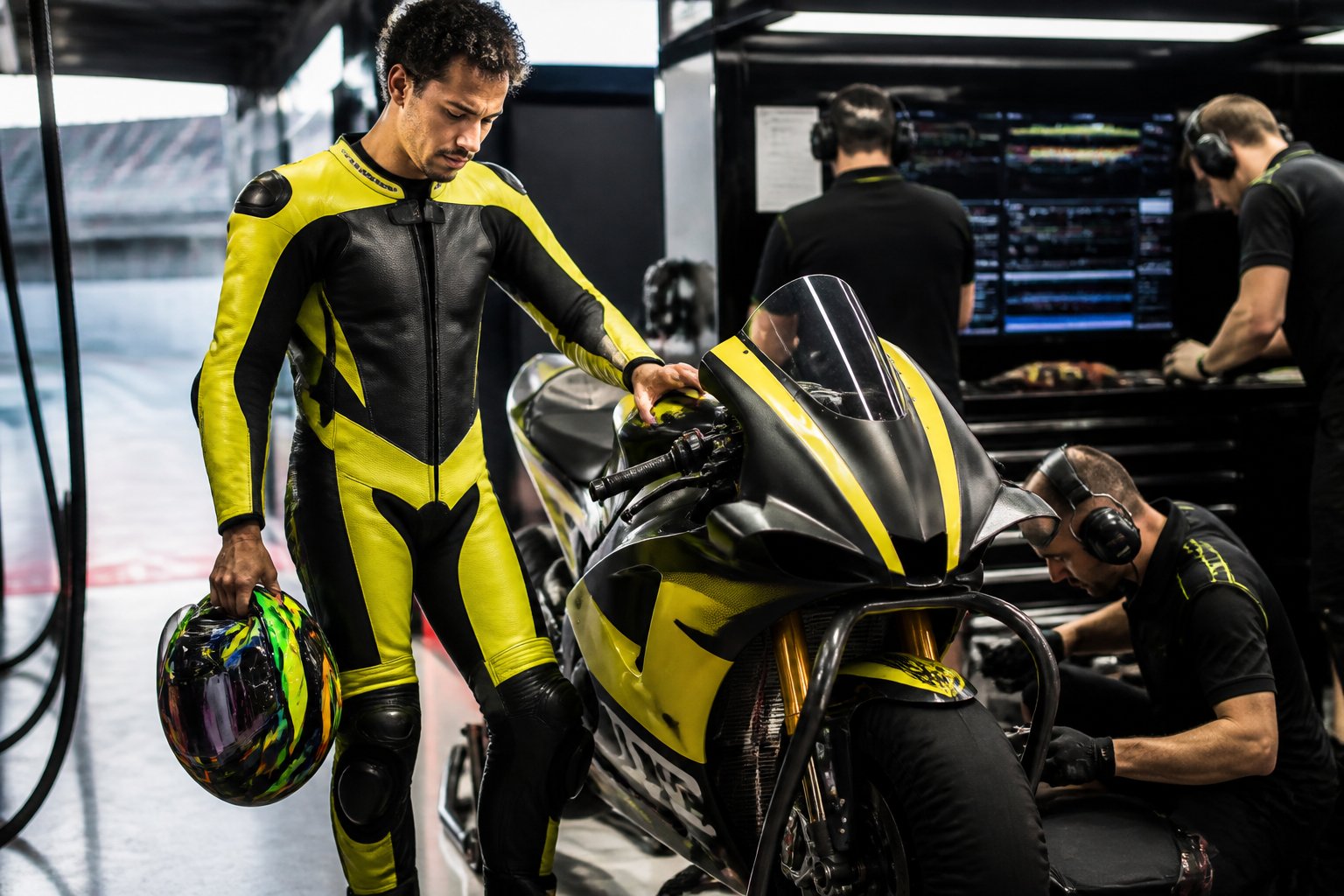 Franco Morbidelli berdiri penuh tekad di samping motor balapnya di dalam garasi tim.