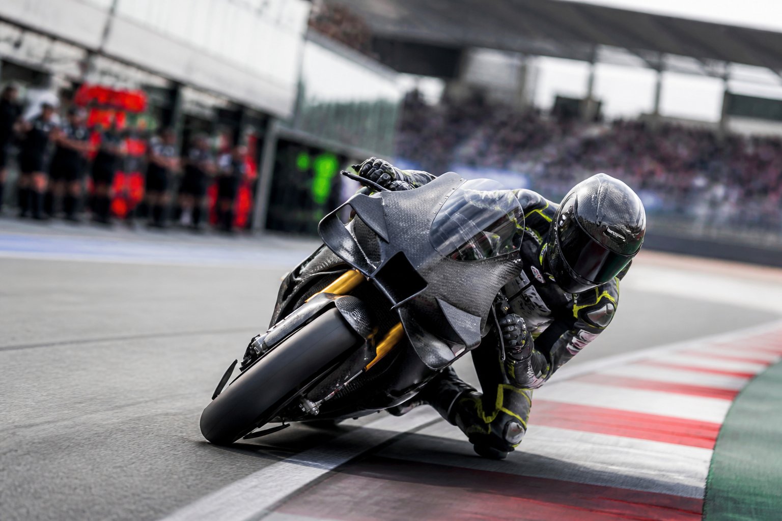 Pembalap rookie mengendarai motor balap di tikungan sirkuit MotoGP dengan latar pit lane dan tribun yang buram.