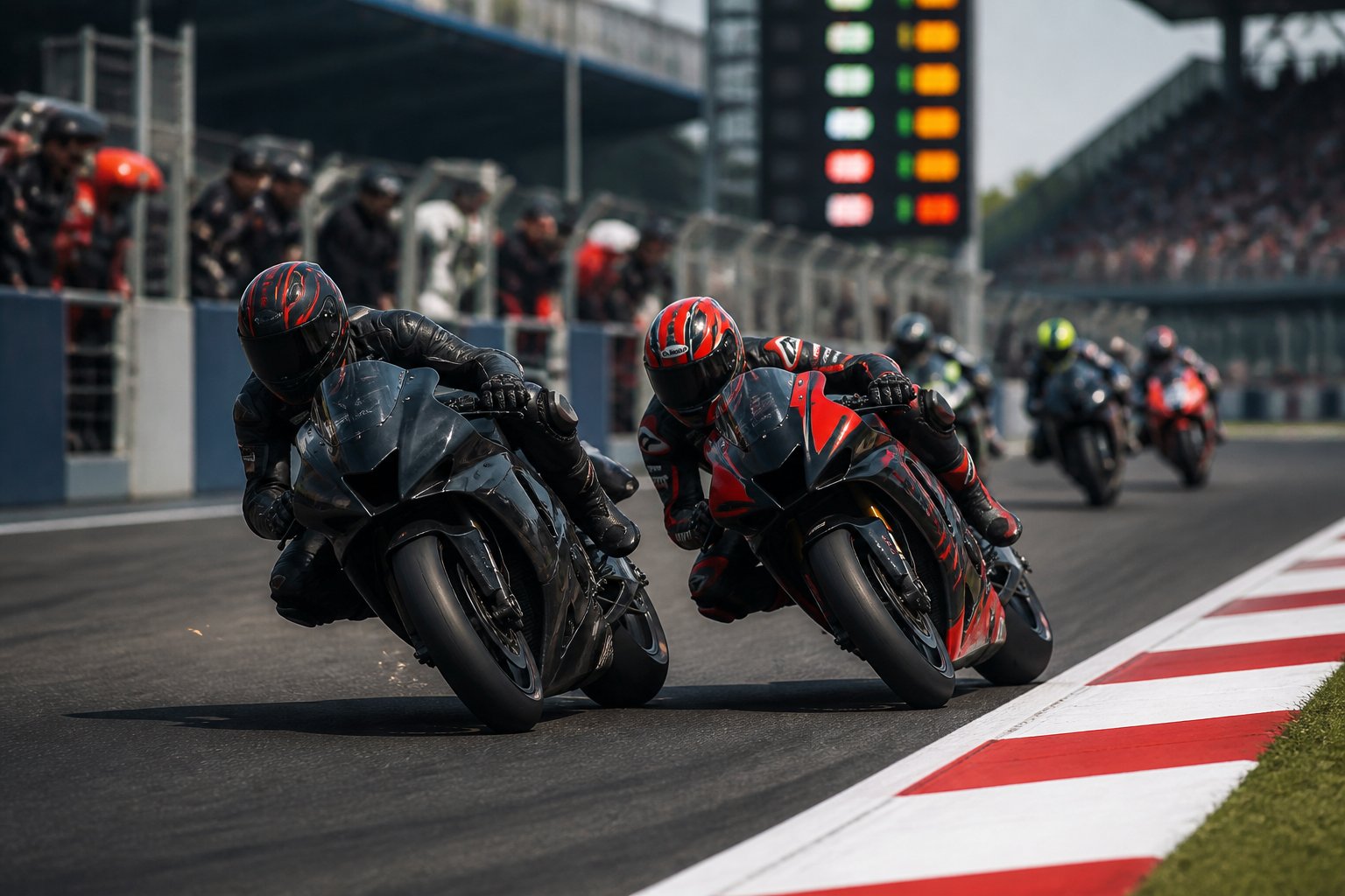 Dua balapan MotoGP bertarung ketat di tikungan sirkuit dengan beberapa motor mengikuti di belakang.