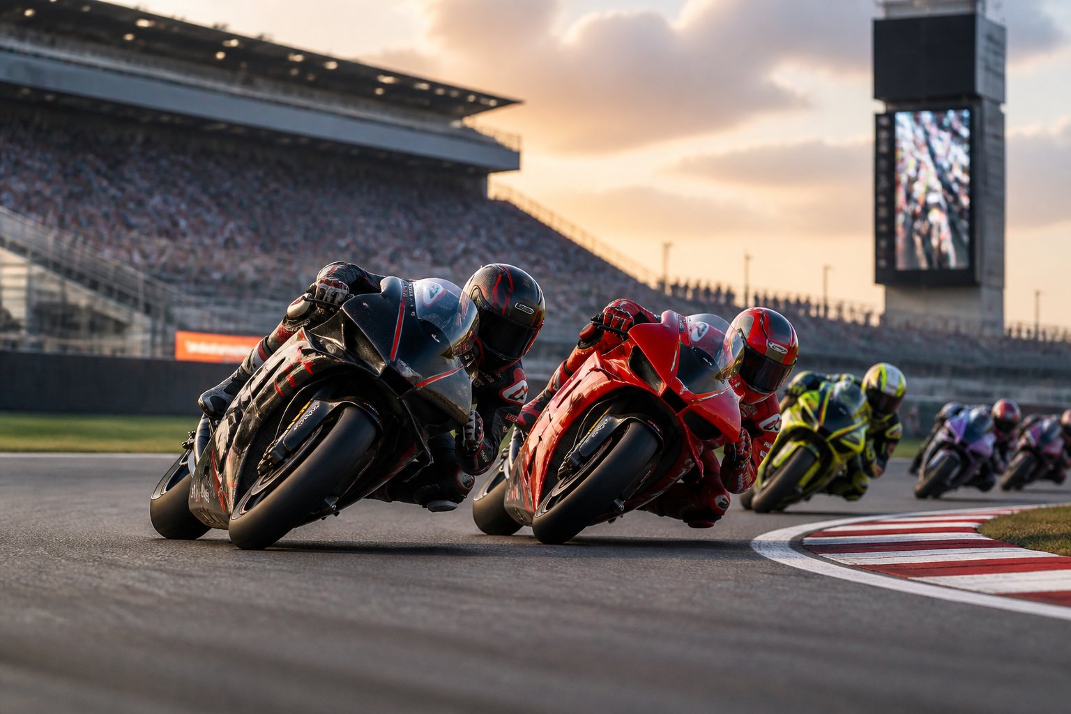 Beberapa pembalap MotoGP saling bersaing ketat di tikungan sirkuit.
