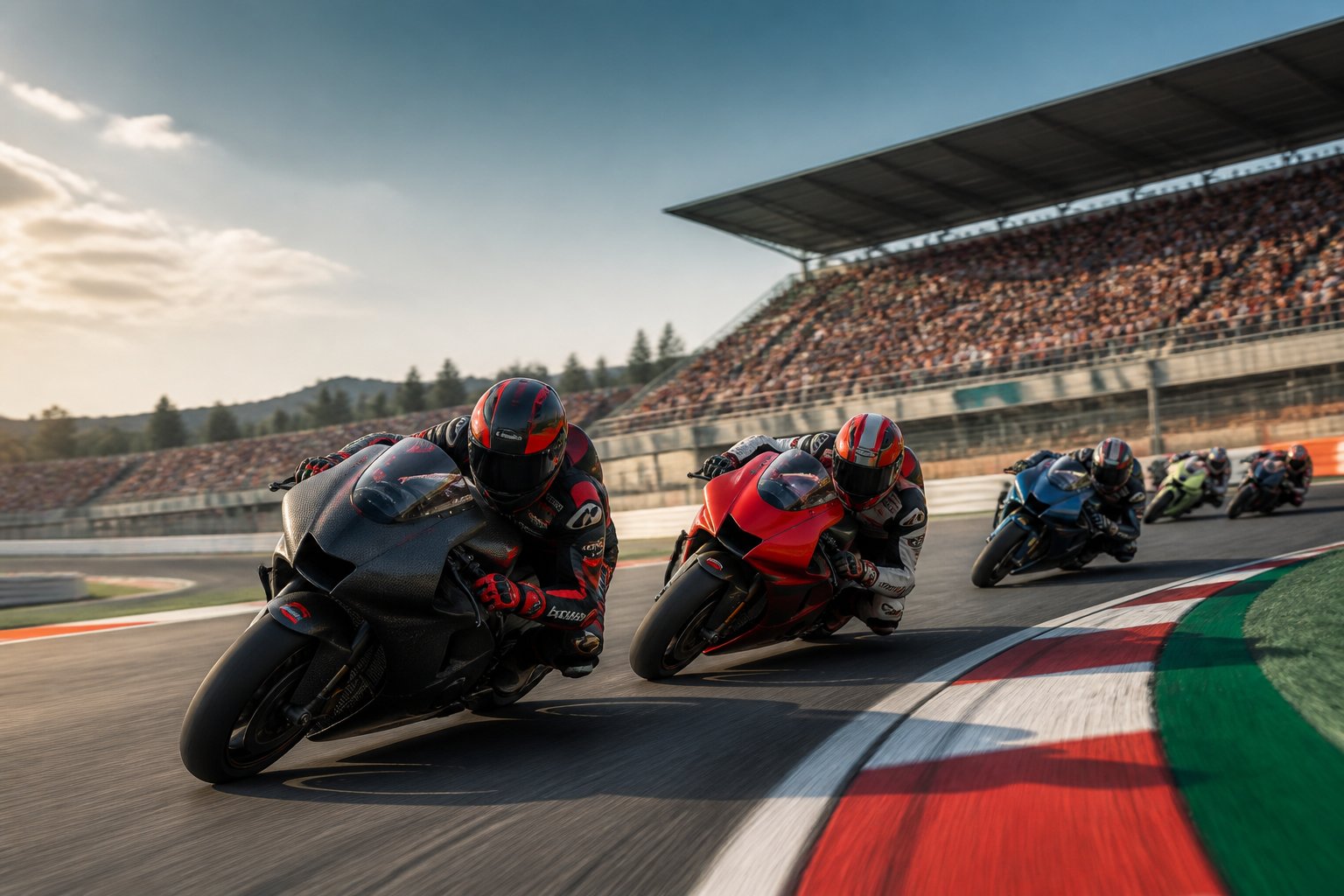 Beberapa pembalap MotoGP bersaing ketat di tikungan pusaran air dengan dua pembalap terdepan melaju bersama.