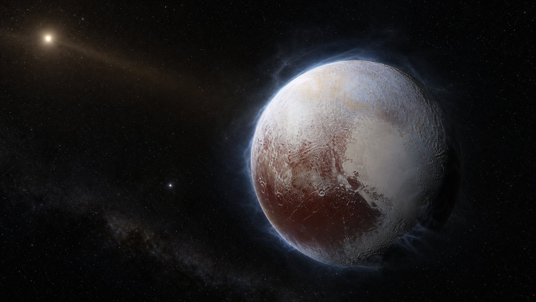 Pluto tampak jauh dari Matahari dengan atmosfer tipis yang membeku menjadi embun beku di permukaannya.