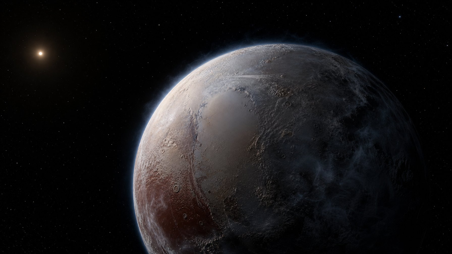 Pluto yang dingin dan jauh dari Matahari dengan atmosfer tipis yang mulai membeku di permukaannya.