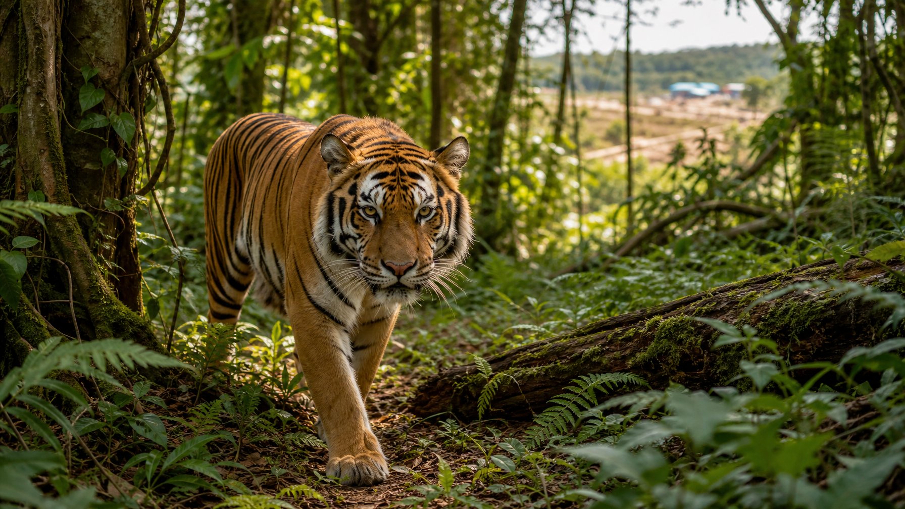 Seekor harimau Malaya berjalan waspada di tengah hutan hujan tropis yang lebat.