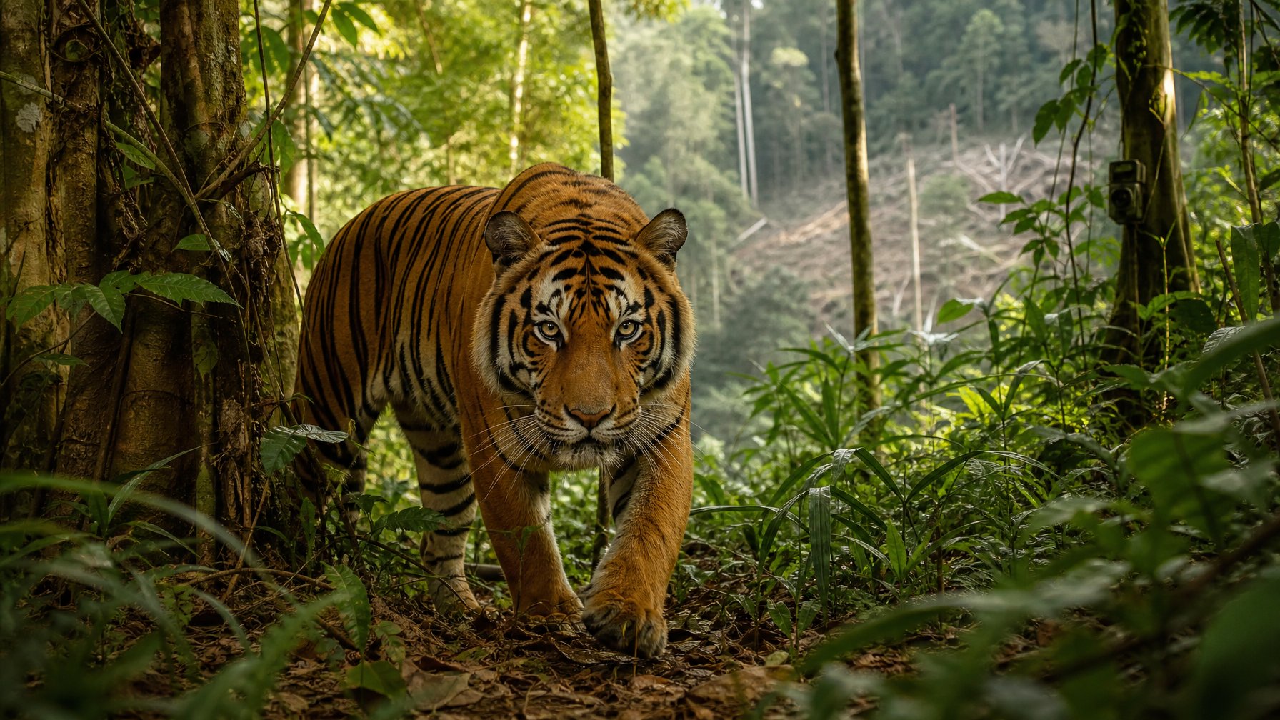 Seekor harimau Malaya berjalan waspada di tengah hutan hujan tropis yang lebat.