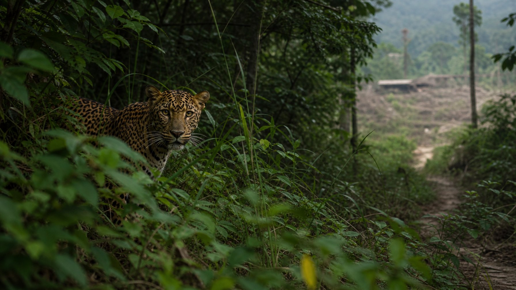 Seekor macan tutul Jawa bersembunyi di antara lebatnya vegetasi hutan tropis.
